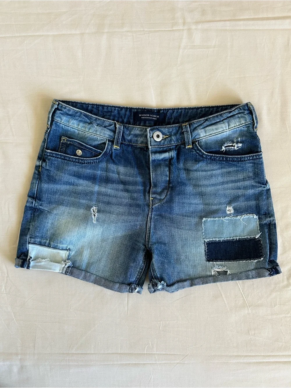 Vintage Scotch & Soda Women's Blue Distressed Patch Denim Shorts Size 25